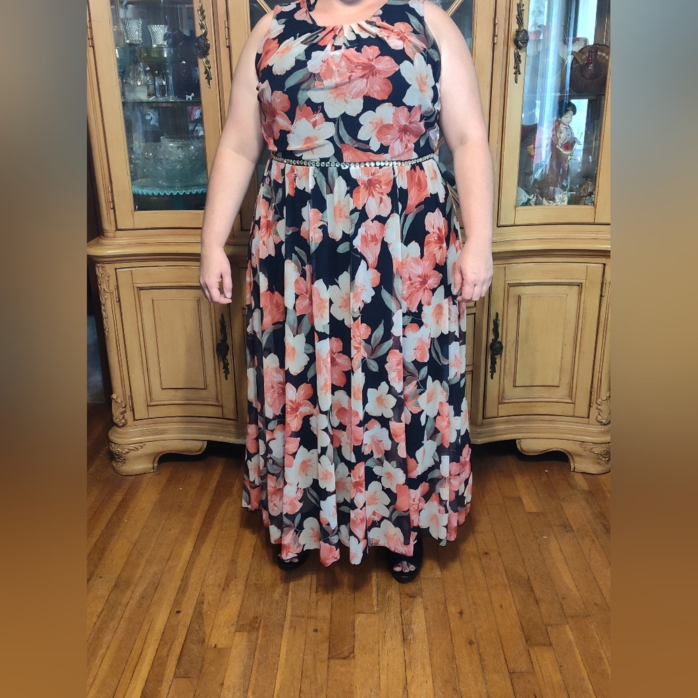 Alex B Nites, Navy floral long dress, Rhinestone waistband, 18W